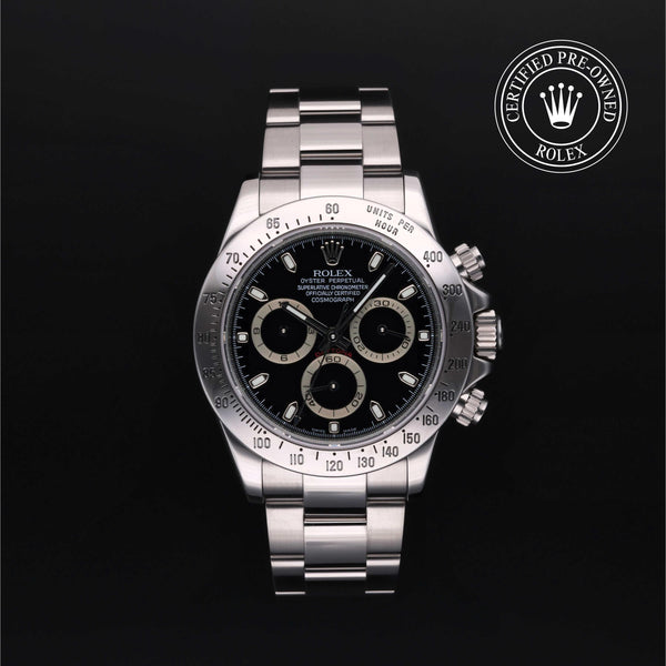 Rolex Certified Pre-owned Daytona M116520-0015 front on black background