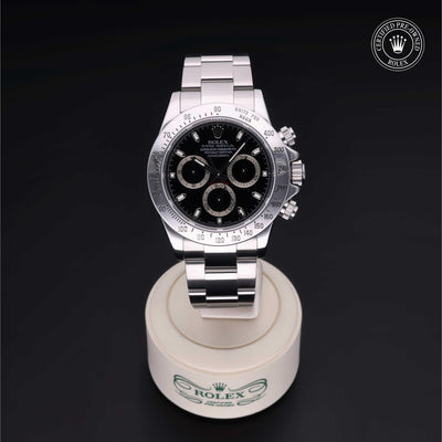 Rolex Certified Pre-owned Daytona M116520-0015 front on black background