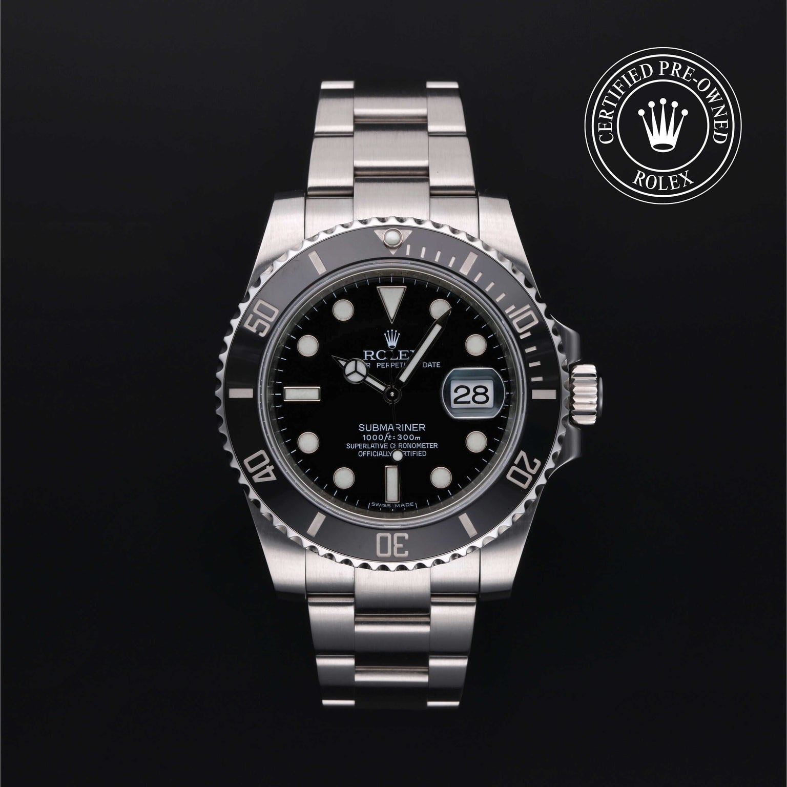 Rolex Certified Pre-owned Submariner M116610LN-0001 front on black background