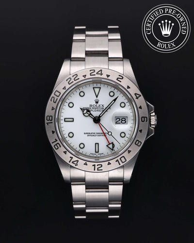 Rolex Certified Pre-owned Explorer M16570-0006 front on black background