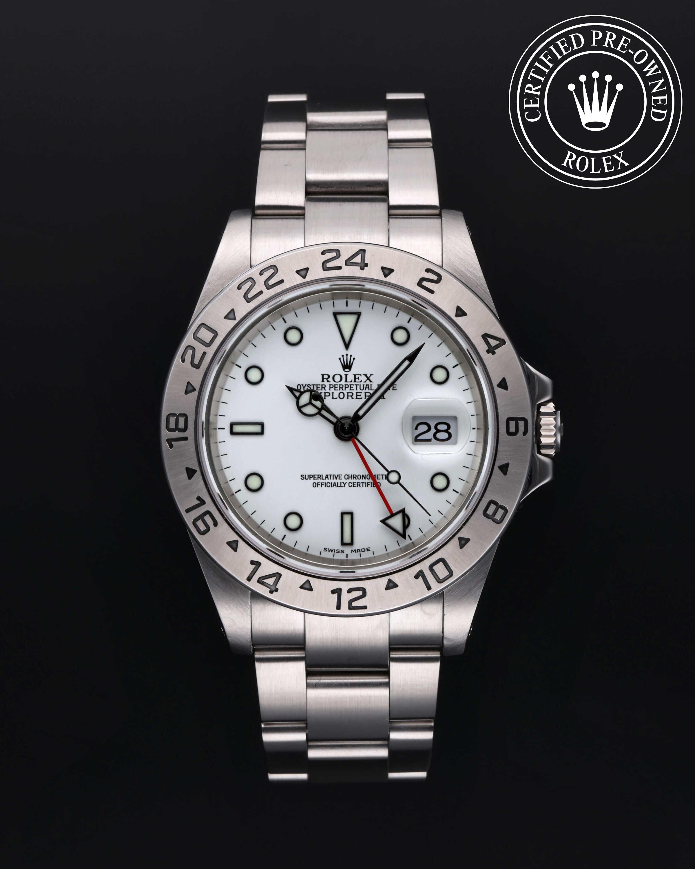 Rolex Certified Pre-owned Explorer M16570-0006 front on black background
