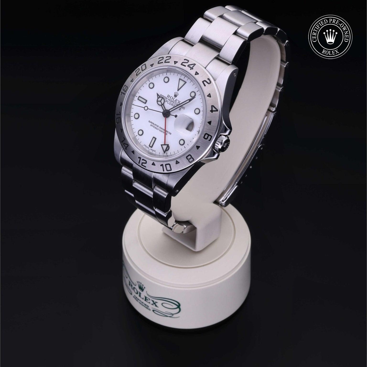 Rolex Certified Pre-owned Explorer M16570-0006 front on black background