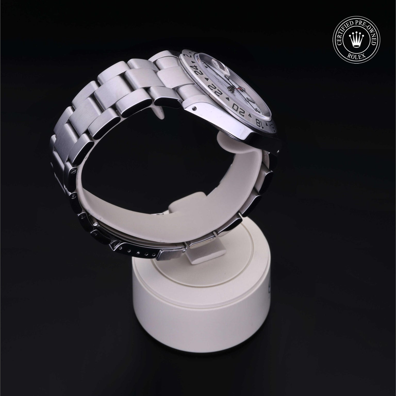 Rolex Certified Pre-owned Explorer M16570-0006 front on black background