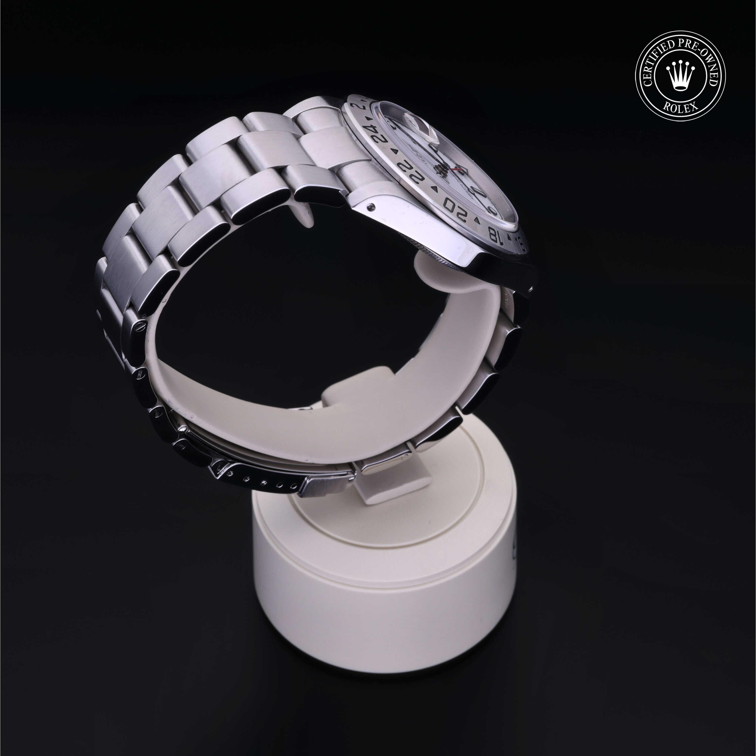 Rolex Certified Pre-owned Explorer M16570-0006 front on black background