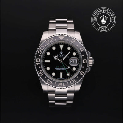 Rolex Certified Pre-owned GMT M116710LN-0001 front on black background
