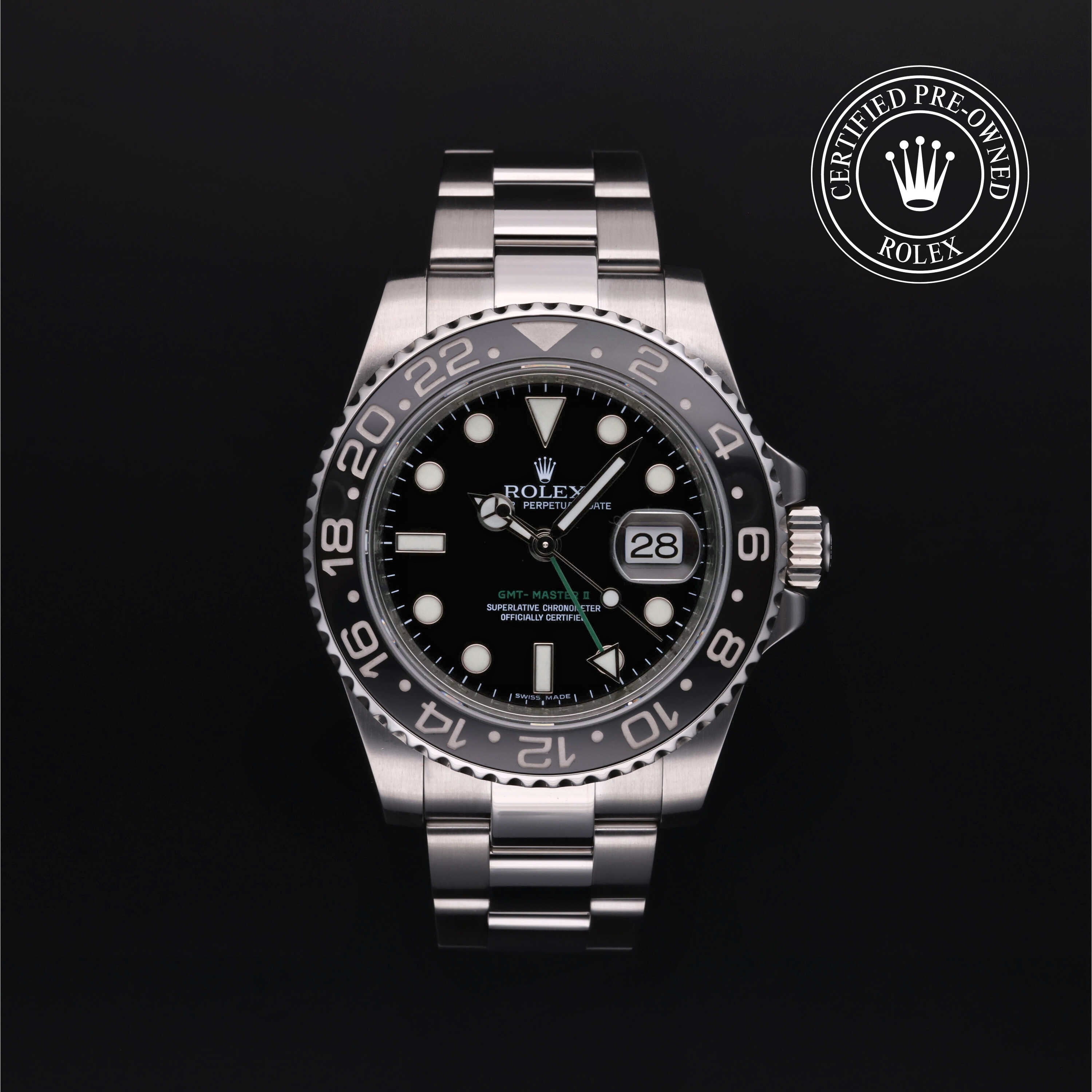 Rolex Certified Pre-owned GMT M116710LN-0001 front on black background