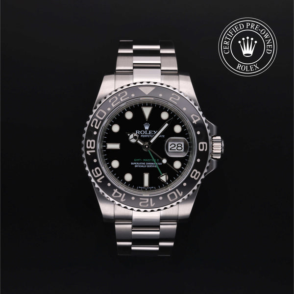 Rolex Certified Pre-owned GMT M116710LN-0001 front on black background