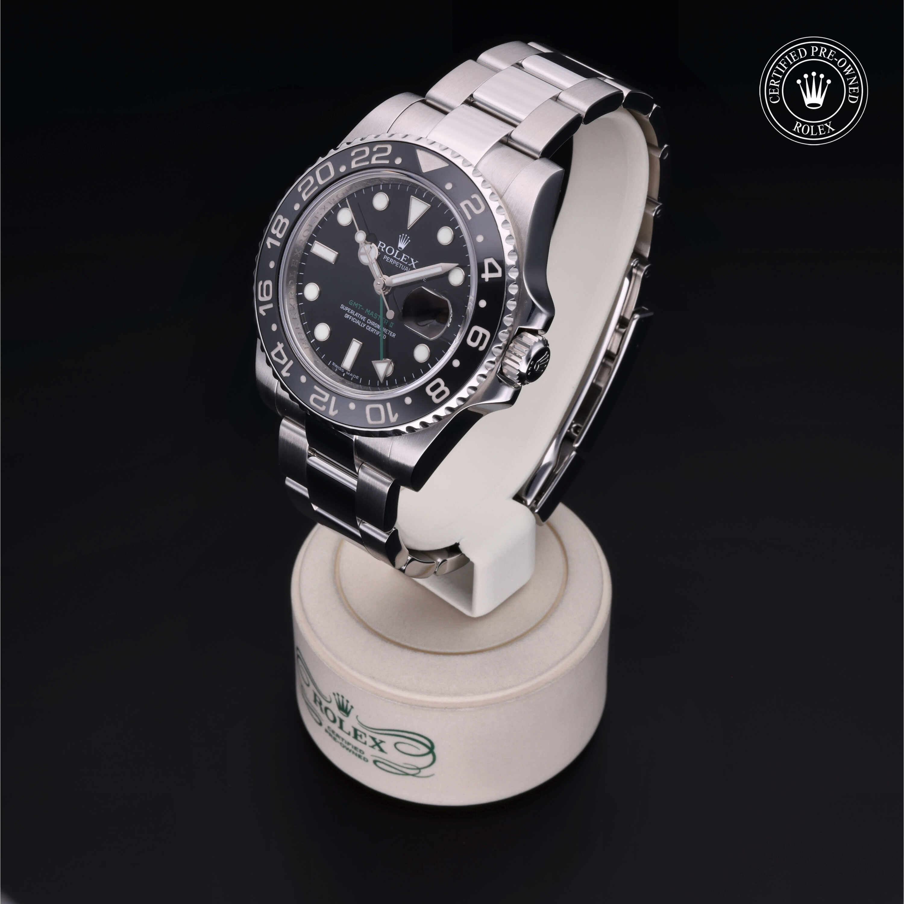 Rolex Certified Pre-owned GMT M116710LN-0001 front on black background