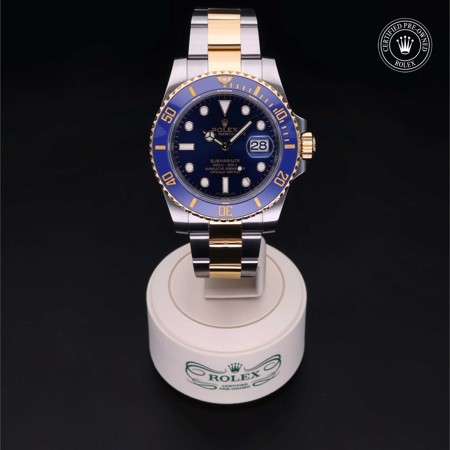 Rolex Certified Pre-owned Submariner M116613LB-0005 front on black background