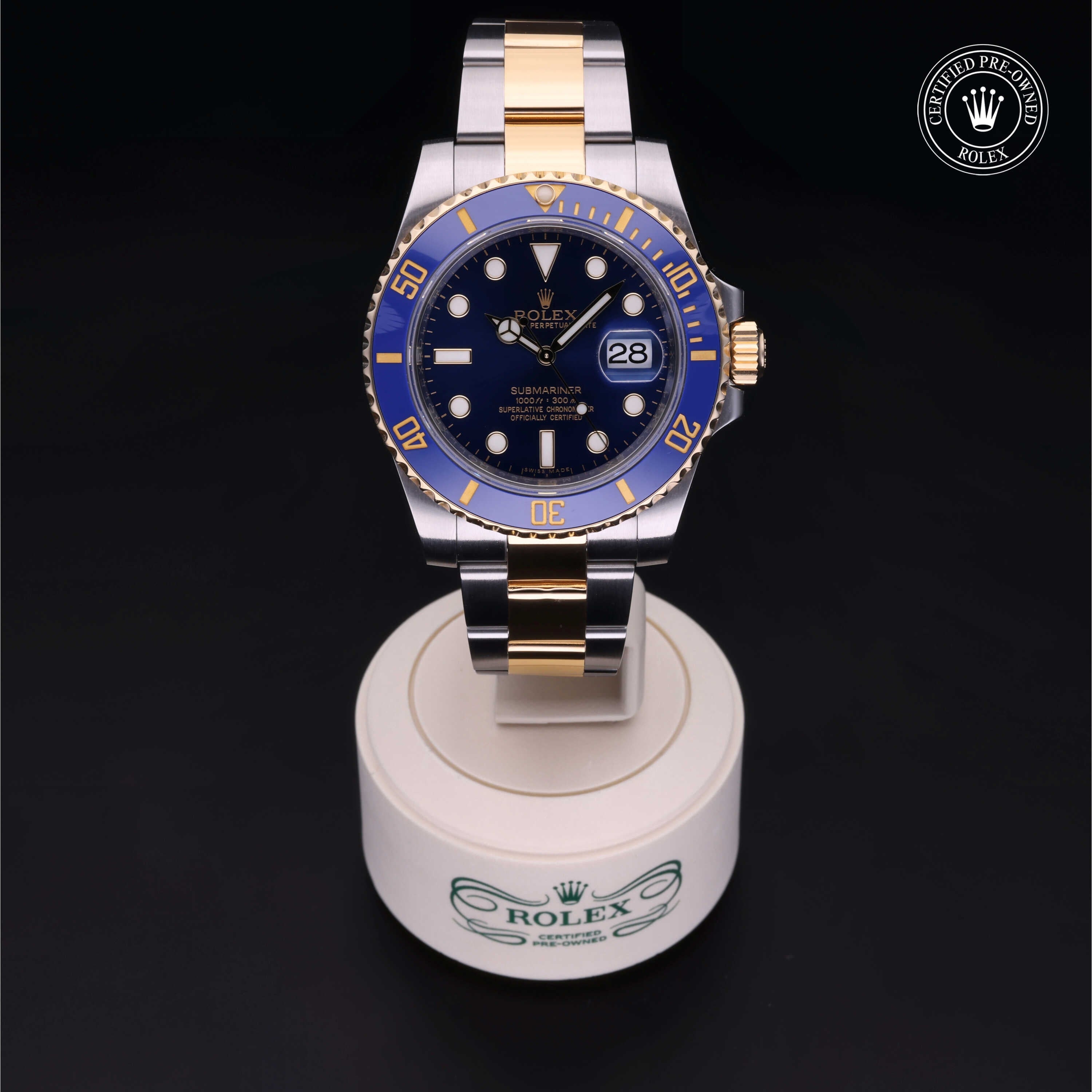 Rolex Certified Pre-owned Submariner M116613LB-0005 front on black background