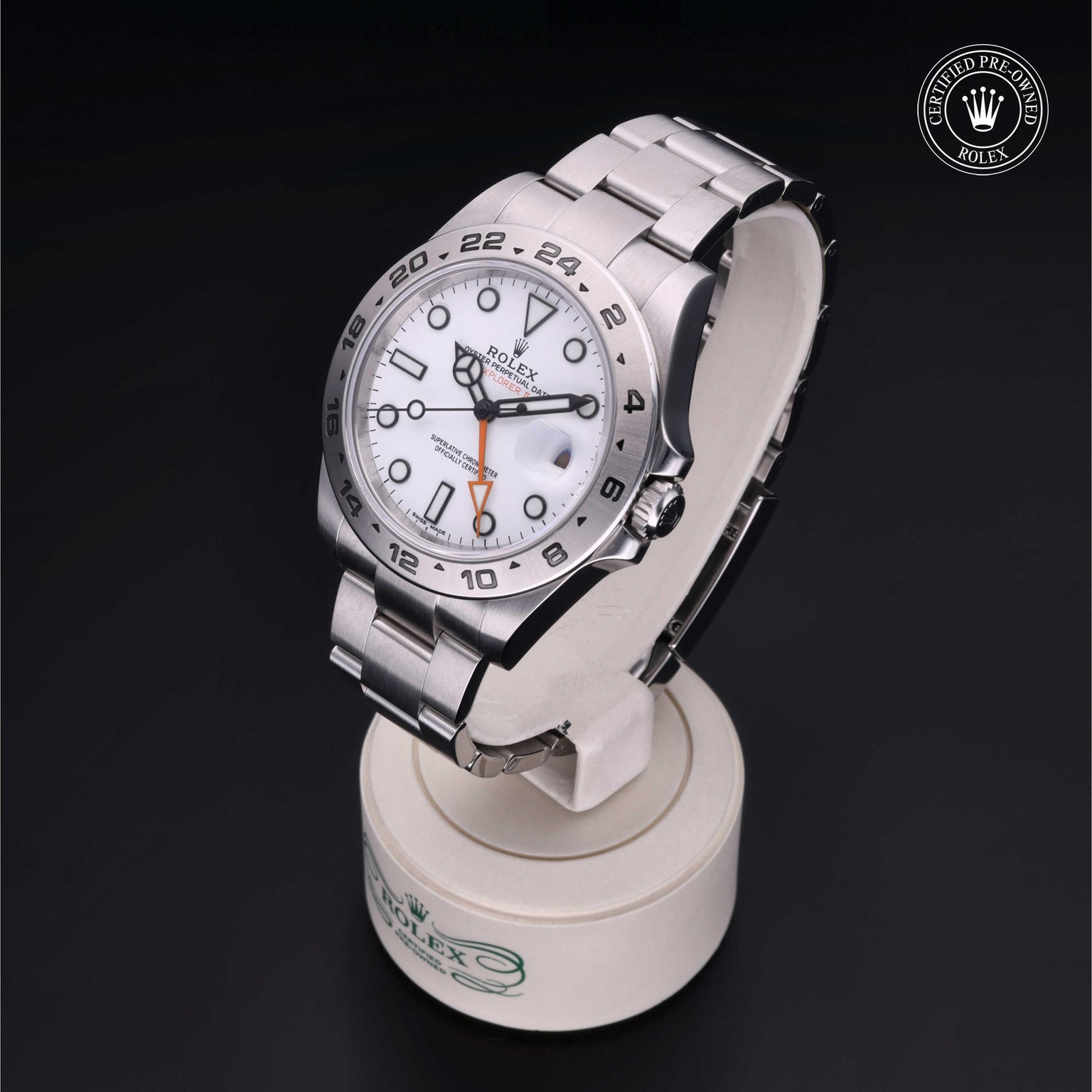 Rolex Certified Pre-owned Explorer M216570-0001 front on black background