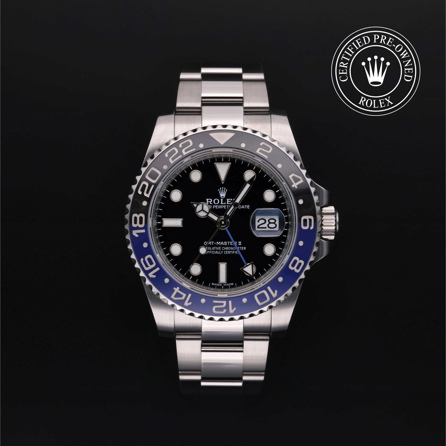 Rolex Certified Pre-owned GMT M116710BLNR-0002 front on black background