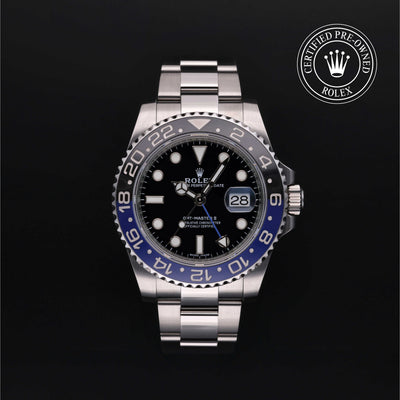 Rolex Certified Pre-owned GMT M116710BLNR-0002 front on black background
