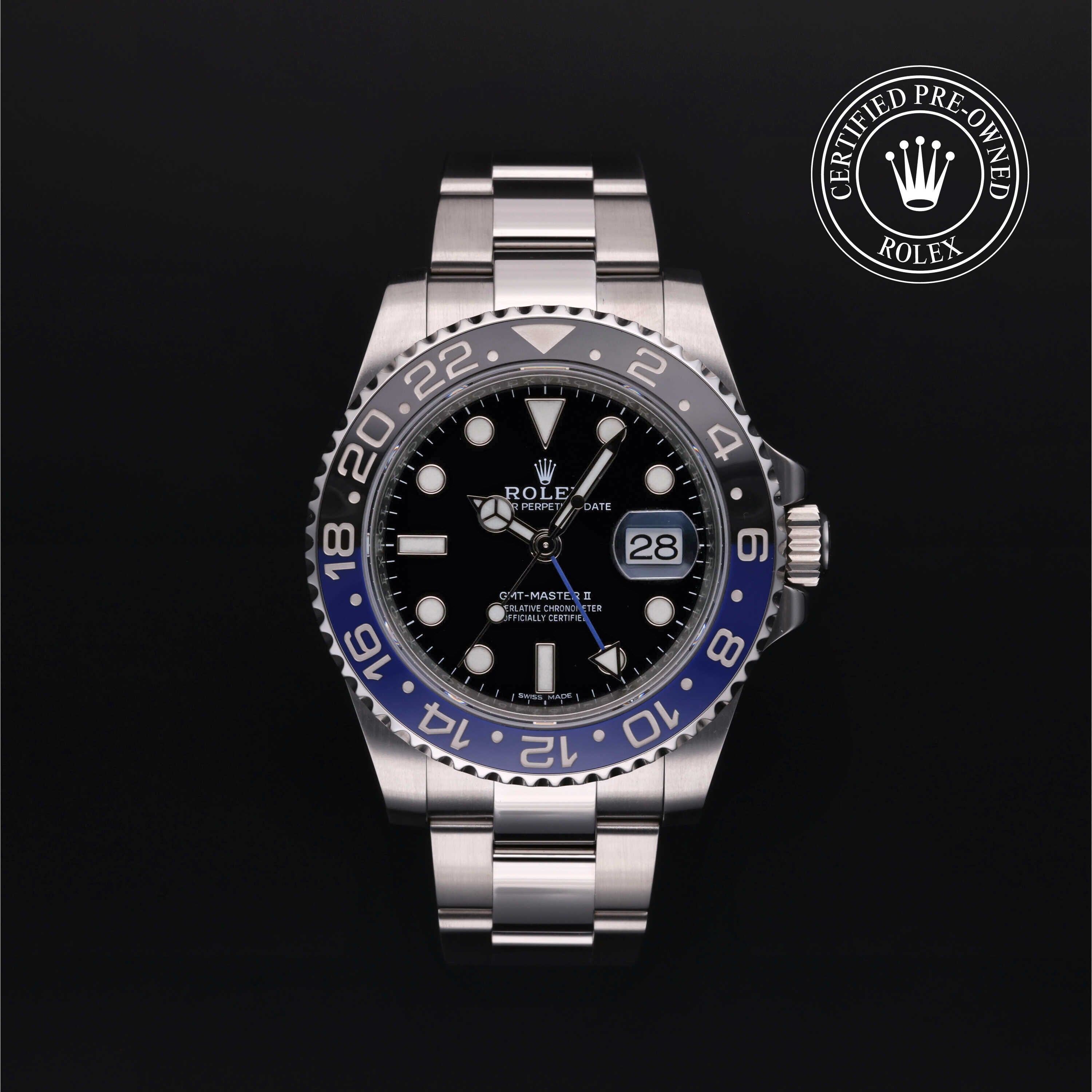 Rolex Certified Pre-owned GMT M116710BLNR-0002 front on black background