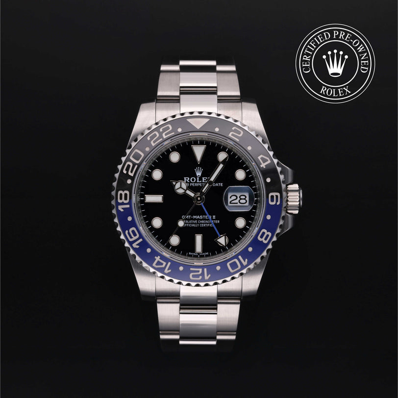 Rolex Certified Pre-owned GMT M116710BLNR-0002 front on black background