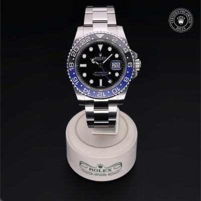 Rolex Certified Pre-owned GMT M116710BLNR-0002 front on black background