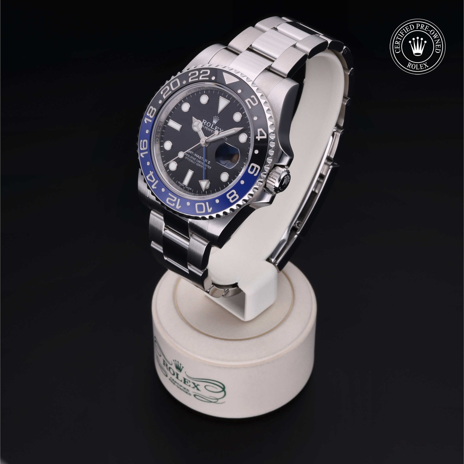 Rolex Certified Pre-owned GMT M116710BLNR-0002 front on black background