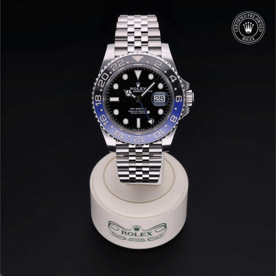Rolex Certified Pre-owned GMT M126710BLNR-0002 front on black background