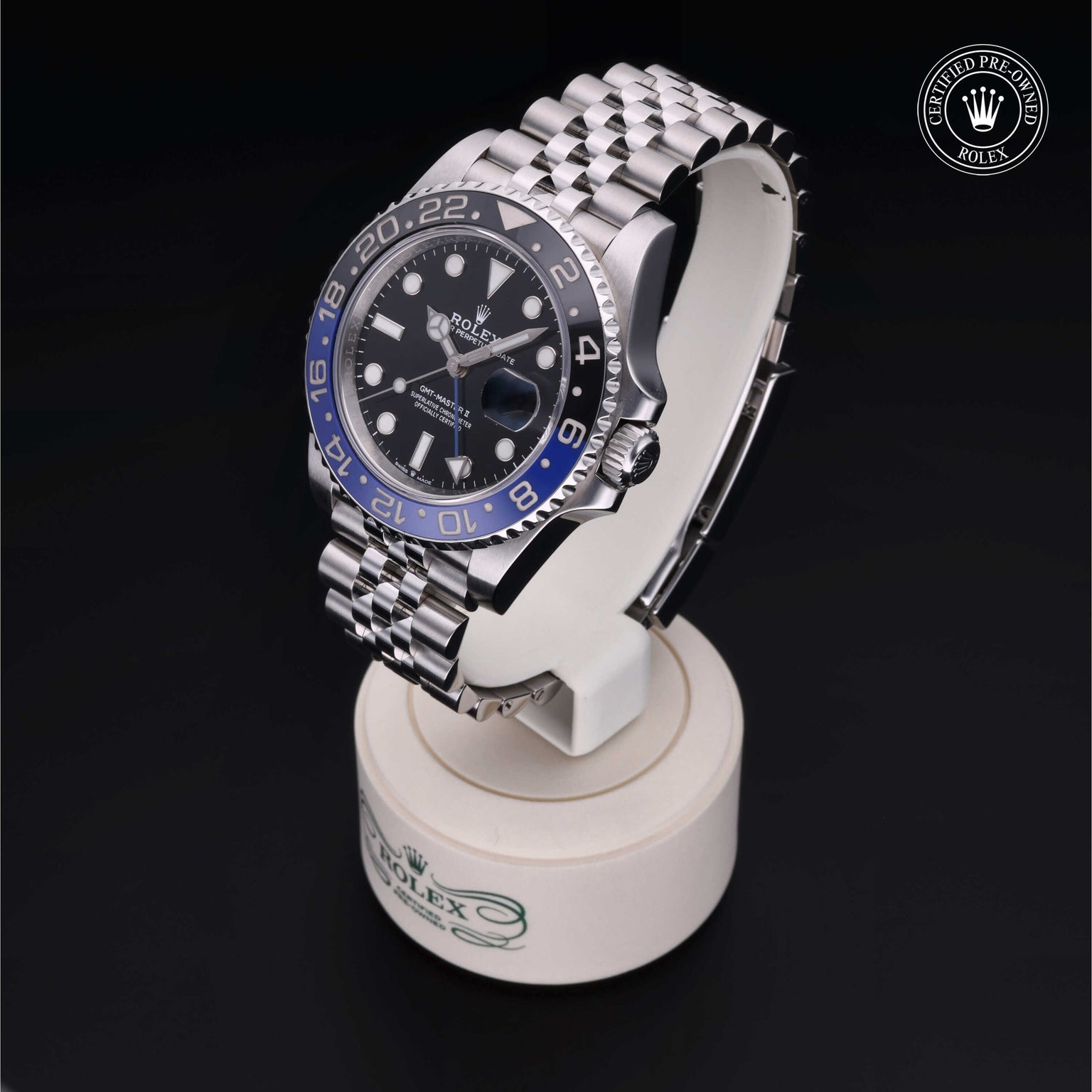 Rolex Certified Pre-owned GMT M126710BLNR-0002 front on black background