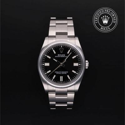 Rolex Certified Pre-owned Oyster Perpetual M126000-0002 front on black background