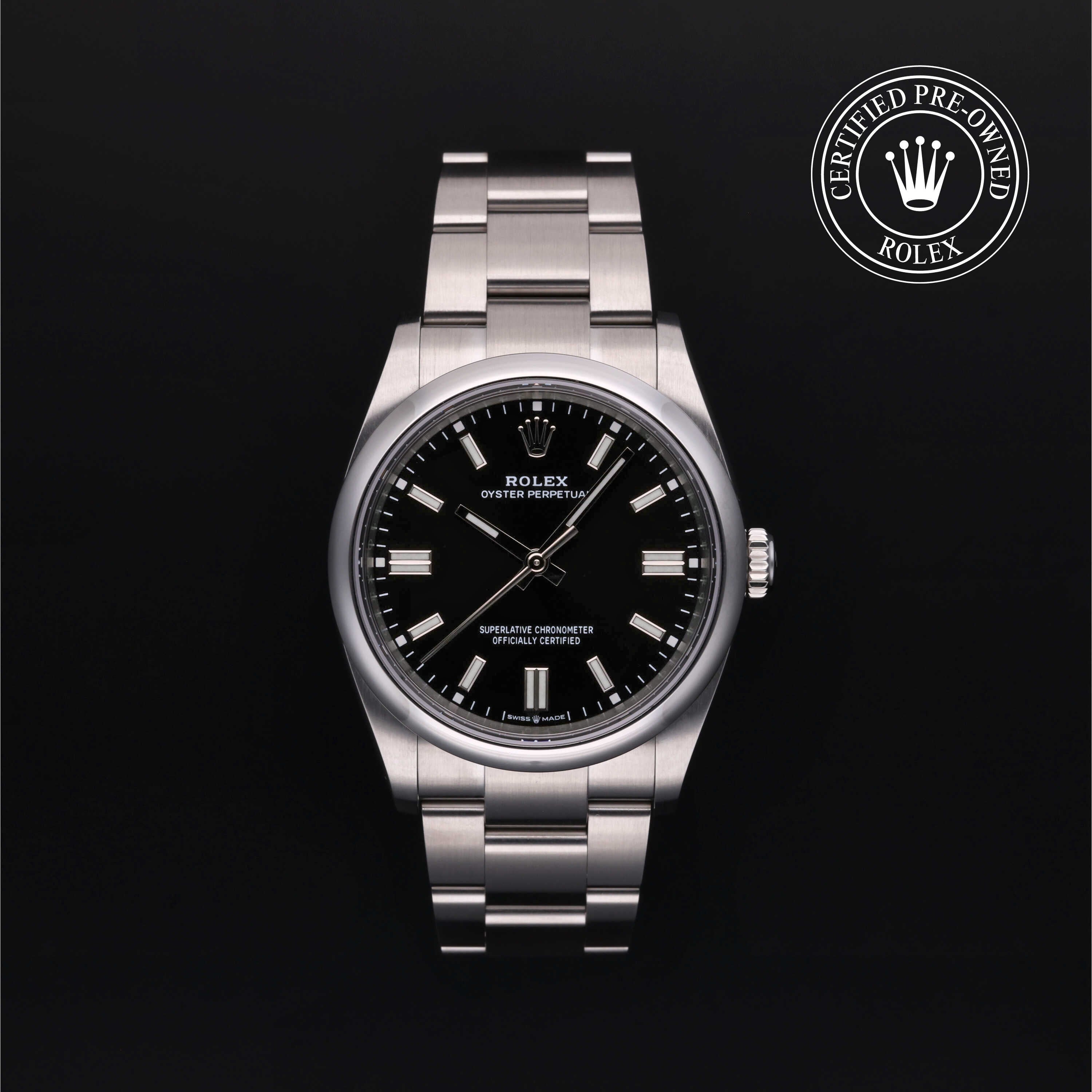 Rolex Certified Pre-owned Oyster Perpetual M126000-0002 front on black background