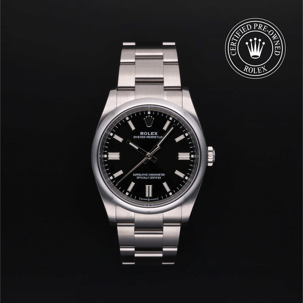 Rolex Certified Pre-owned Oyster Perpetual M126000-0002 front on black background