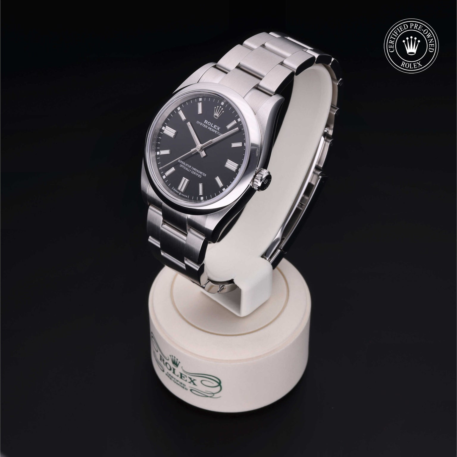 Rolex Certified Pre-owned Oyster Perpetual M126000-0002 front on black background