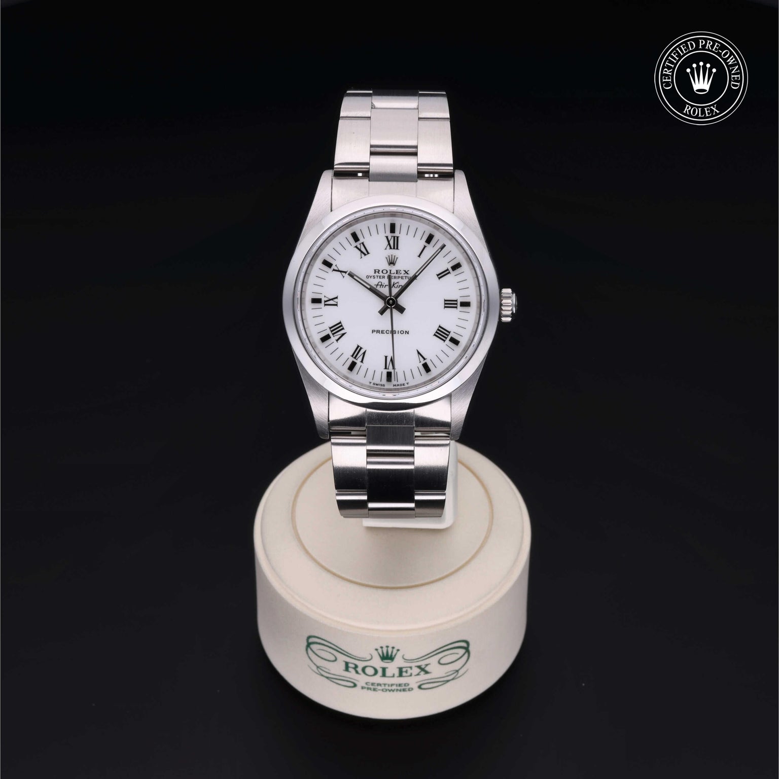 Rolex Certified Pre-owned Air-King M14000-0002 front on black background