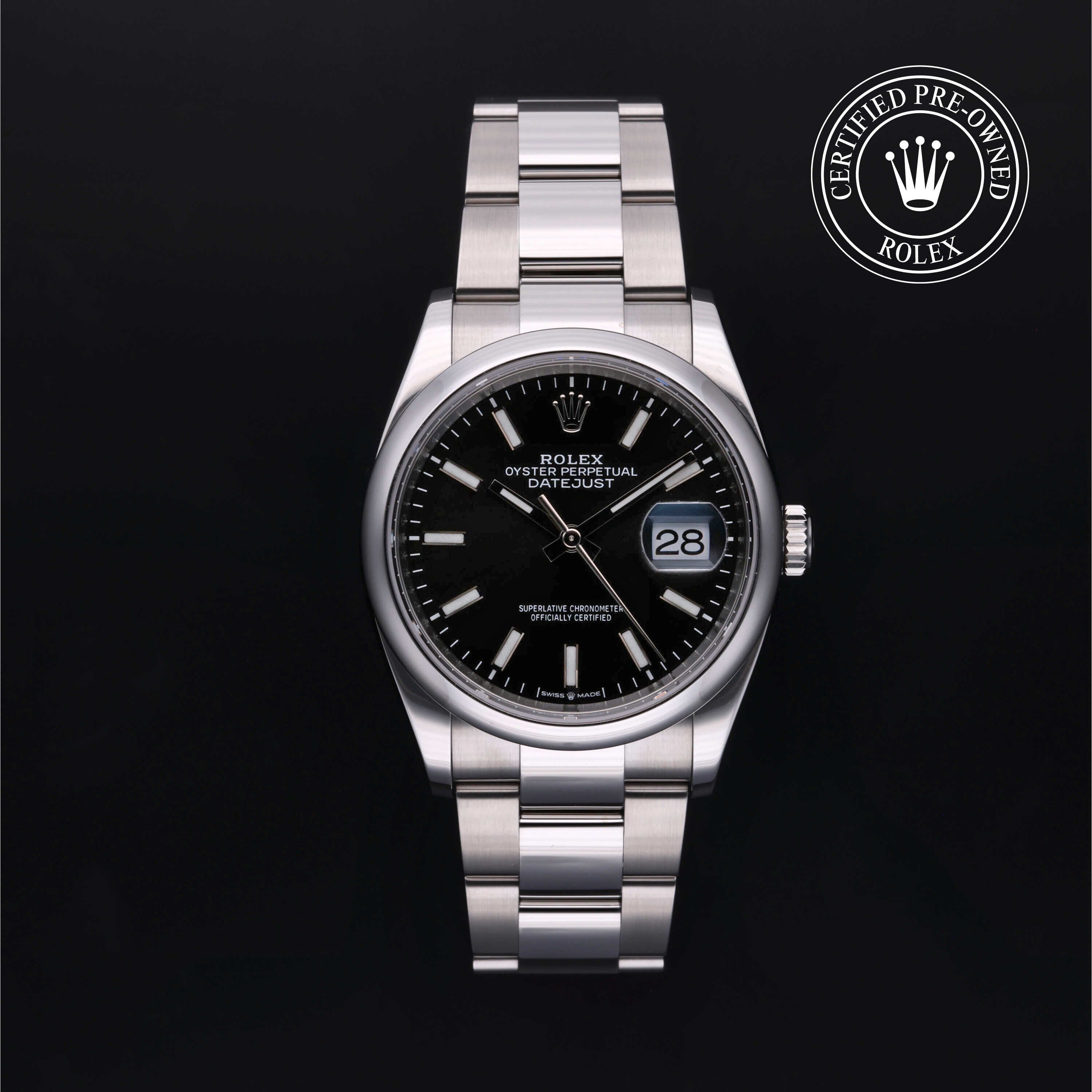 Rolex Certified Pre-owned Datejust M126200-0004 front on black background