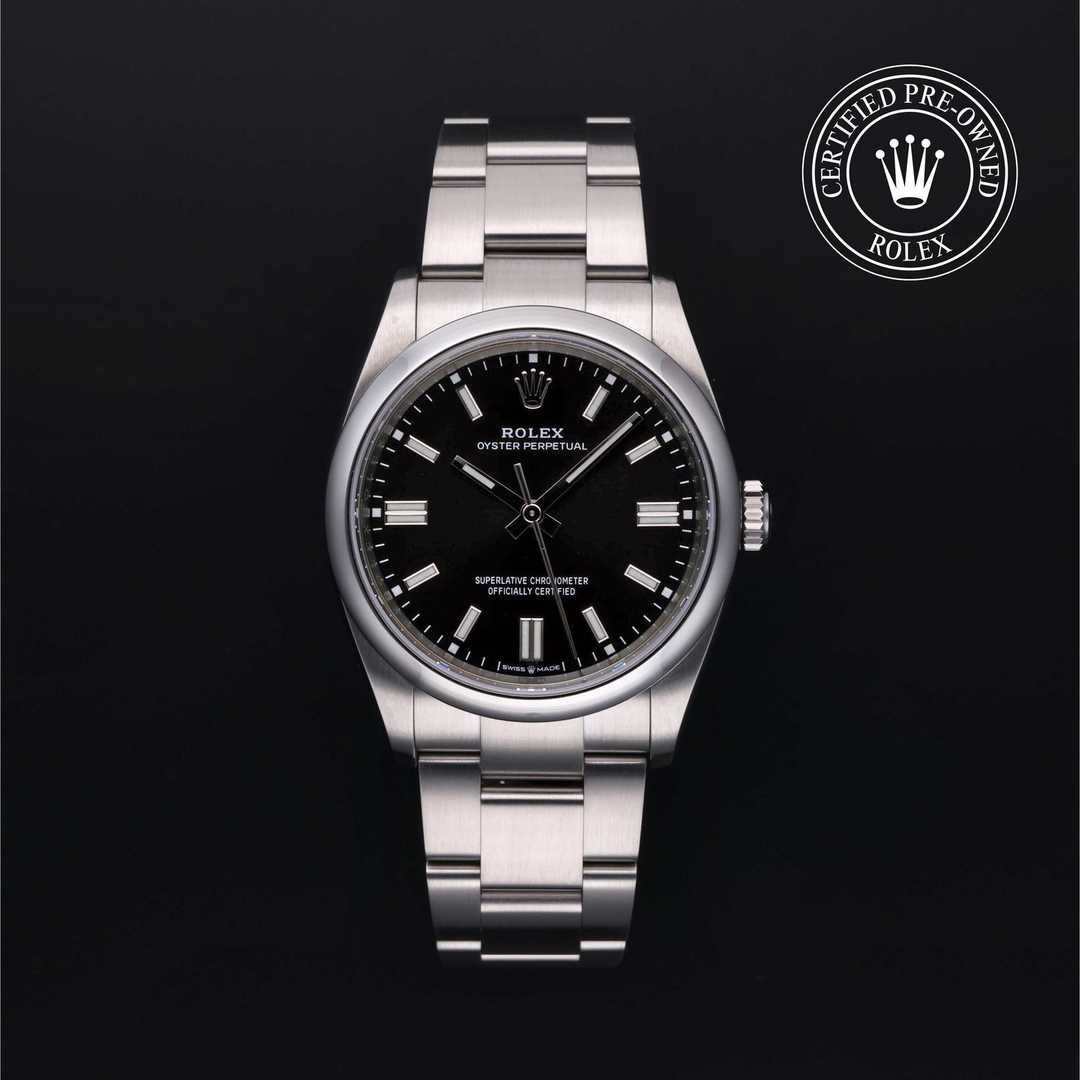 Rolex Certified Pre-owned Oyster Perpetual M126000-0014 front on black background