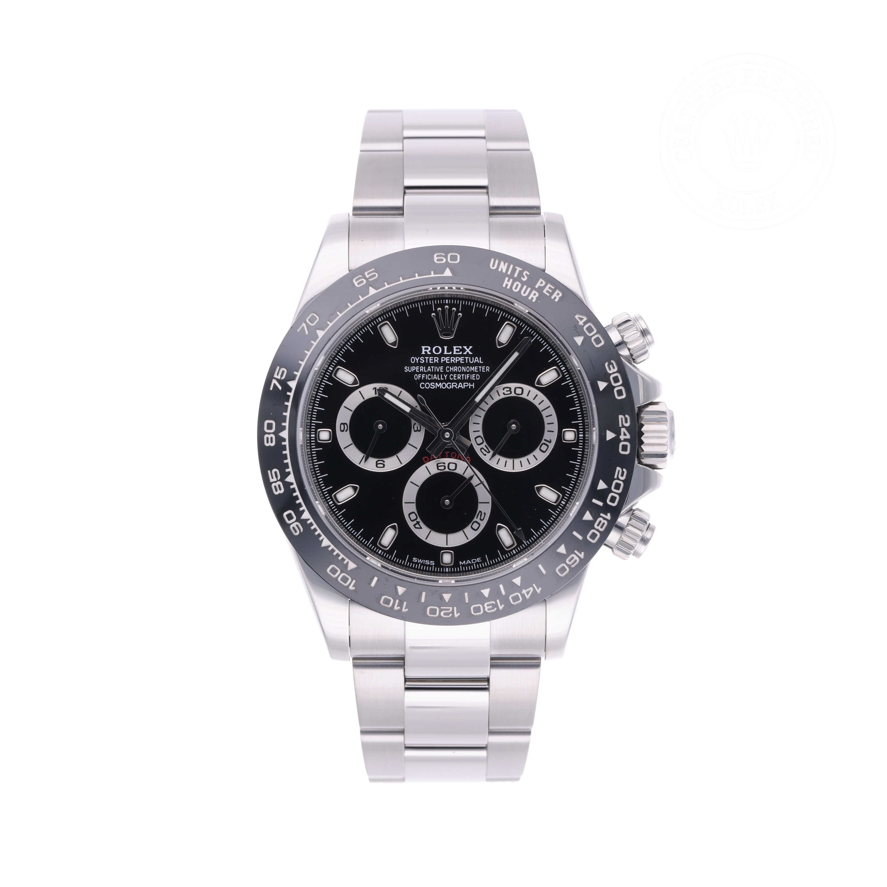 Rolex Certified Pre-owned Daytona M116500LN-0002 front on white background