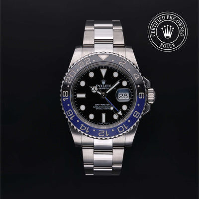 Rolex Certified Pre-owned GMT M116710BLNR-0002 front on black background