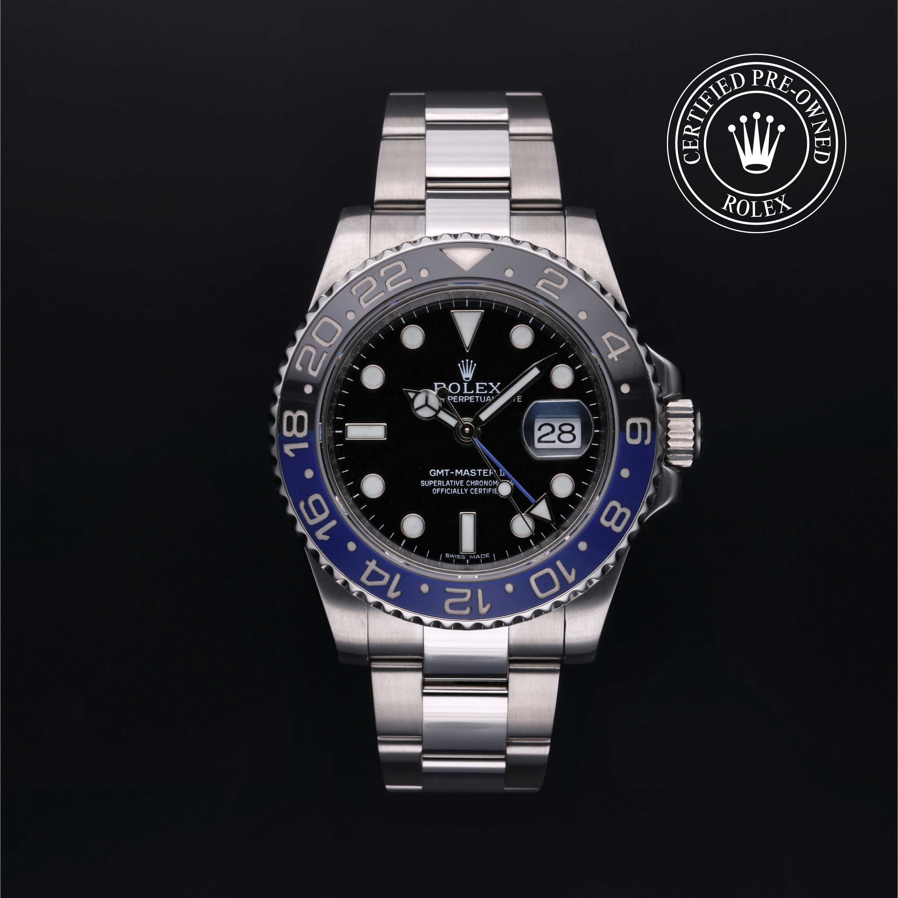 Rolex Certified Pre-owned GMT M116710BLNR-0002 front on black background