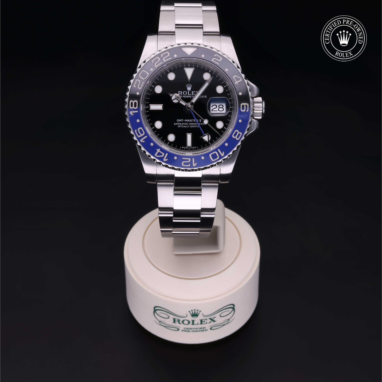 Rolex Certified Pre-owned GMT M116710BLNR-0002 front on black background