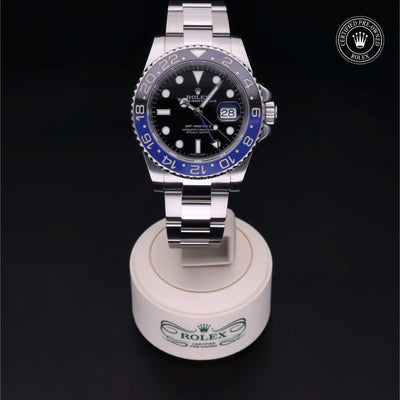 Rolex Certified Pre-owned GMT M116710BLNR-0002 front on black background