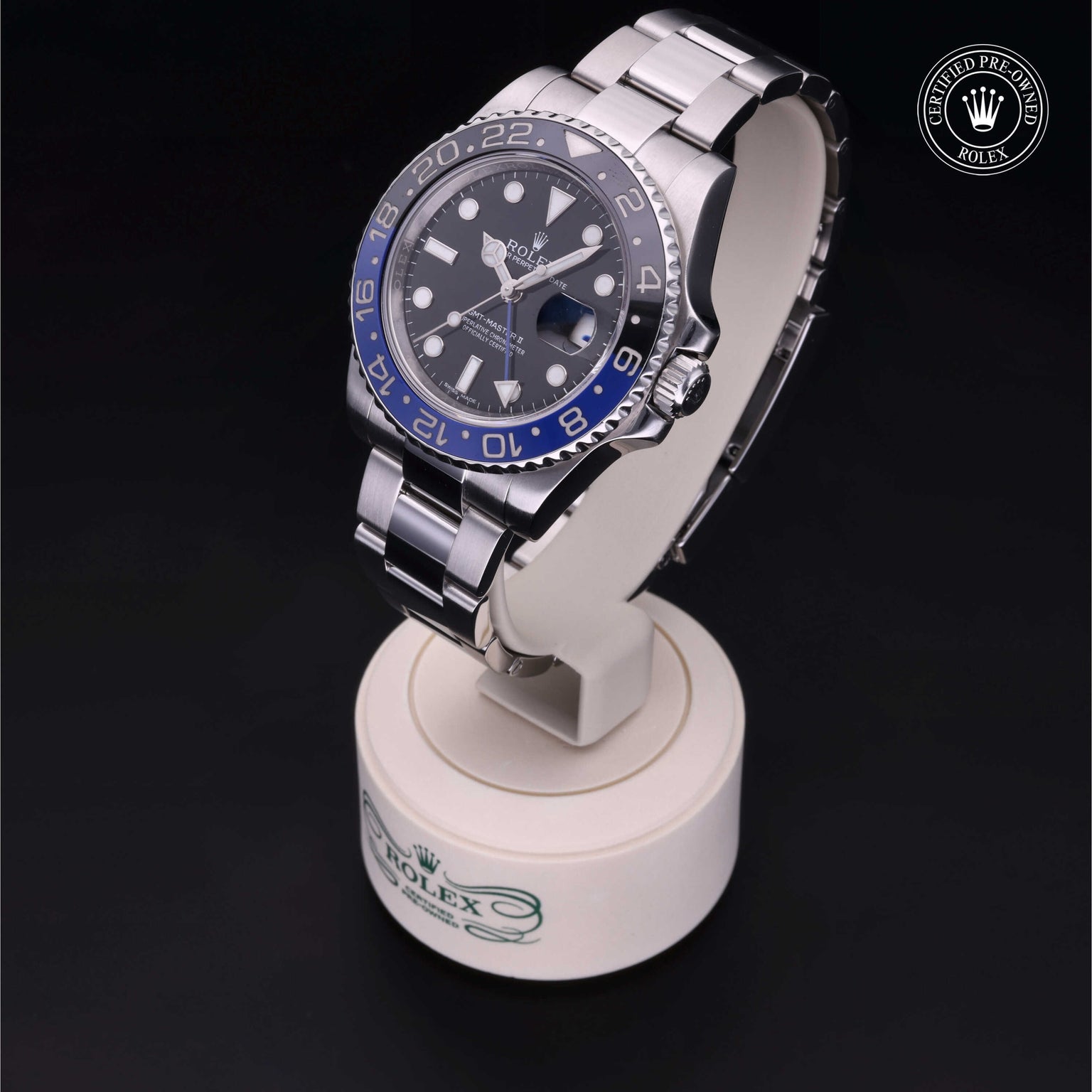 Rolex Certified Pre-owned GMT M116710BLNR-0002 front on black background