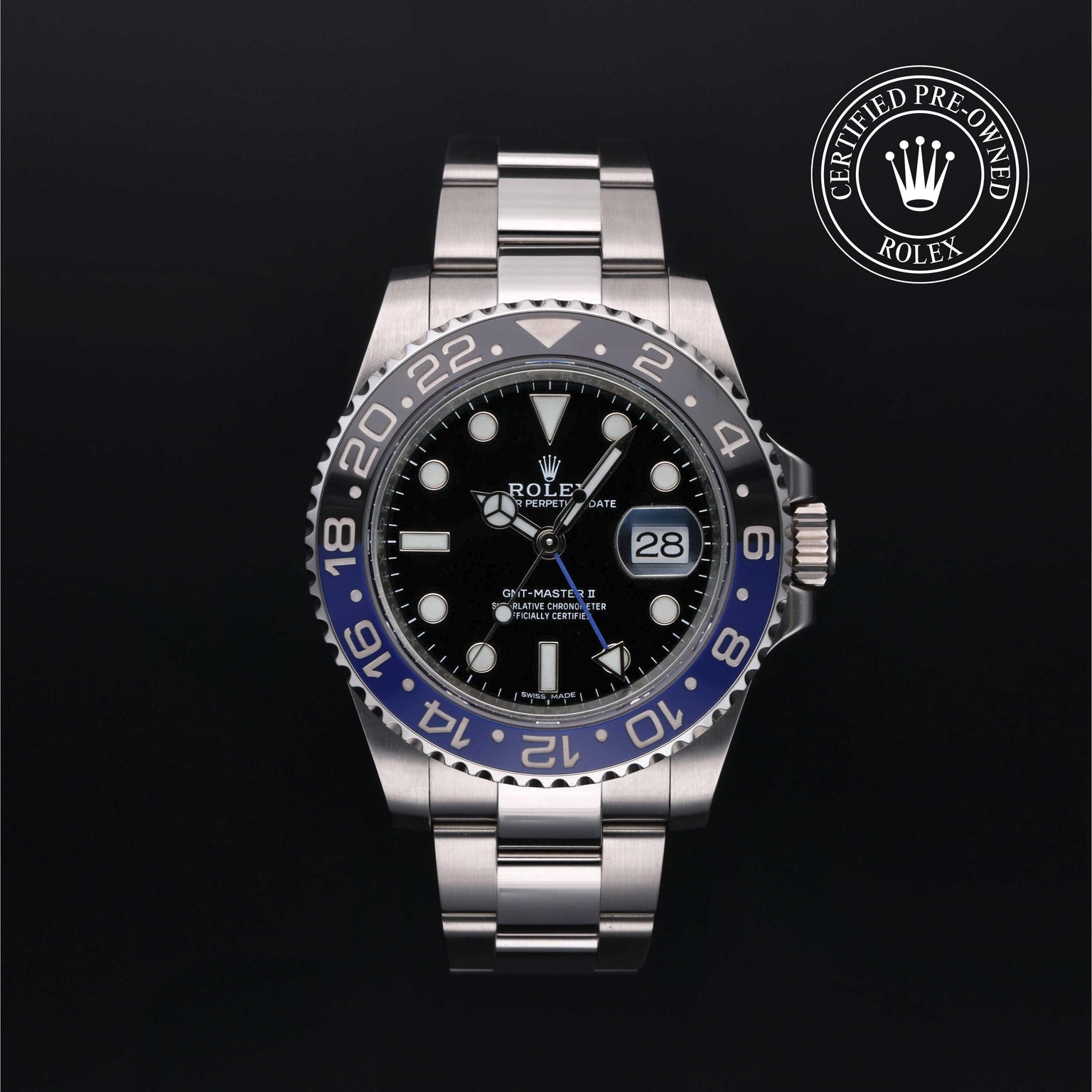 Rolex Certified Pre-owned GMT M116710BLNR-0002 front on black background