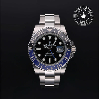 Rolex Certified Pre-owned GMT M116710BLNR-0002 front on black background
