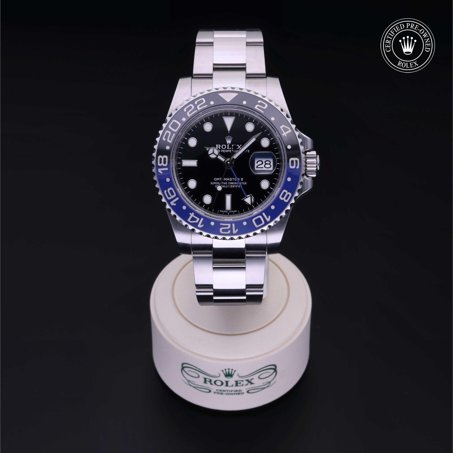 Rolex Certified Pre-owned GMT M116710BLNR-0002 front on black background