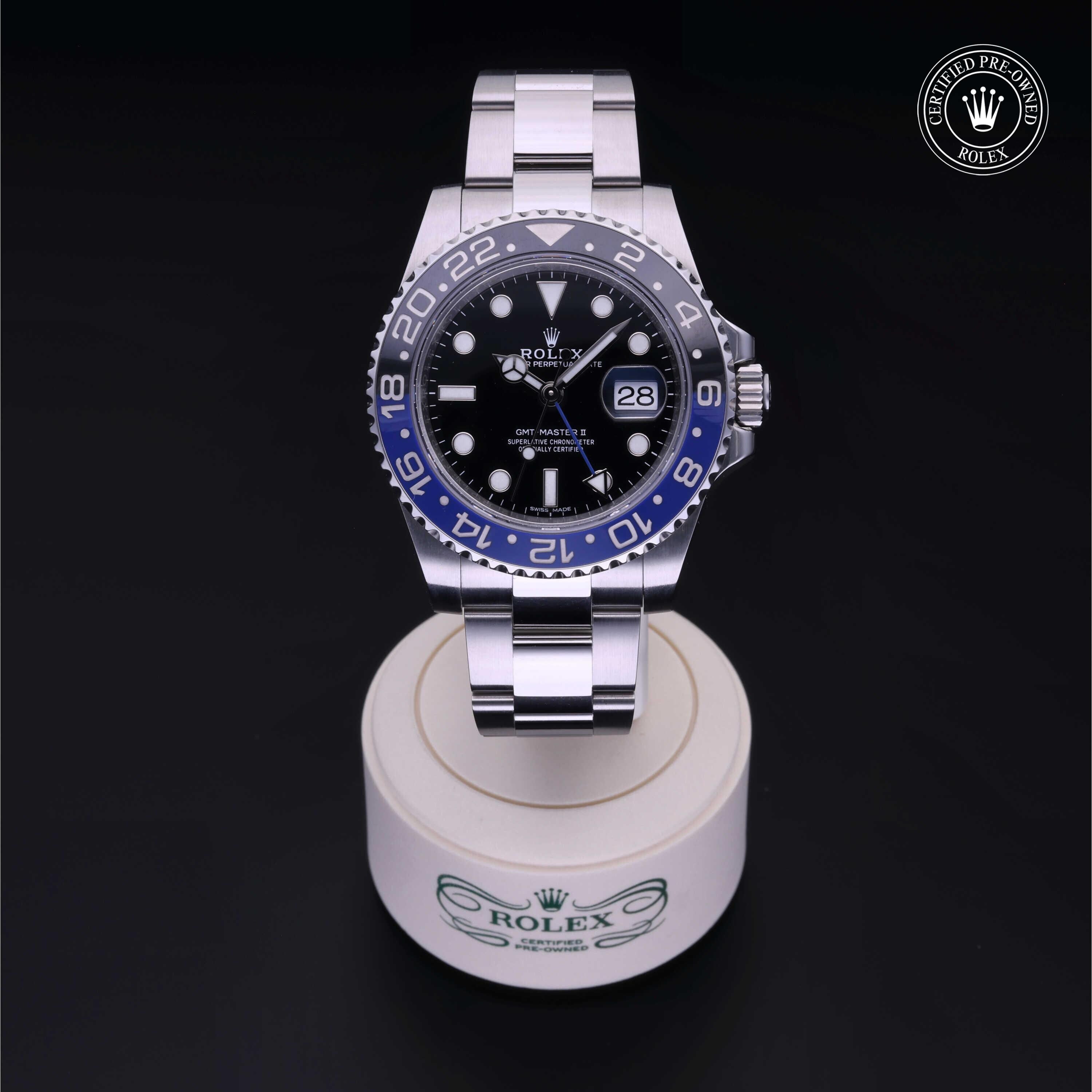Rolex Certified Pre-owned GMT M116710BLNR-0002 front on black background