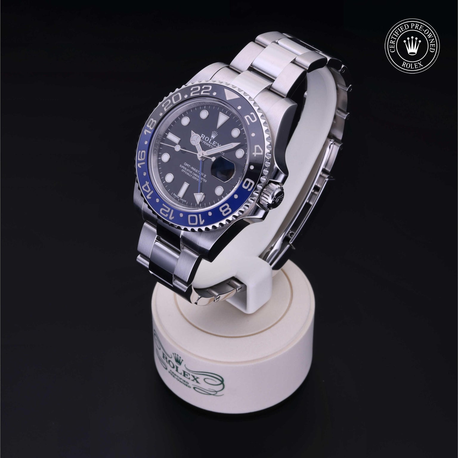 Rolex Certified Pre-owned GMT M116710BLNR-0002 front on black background