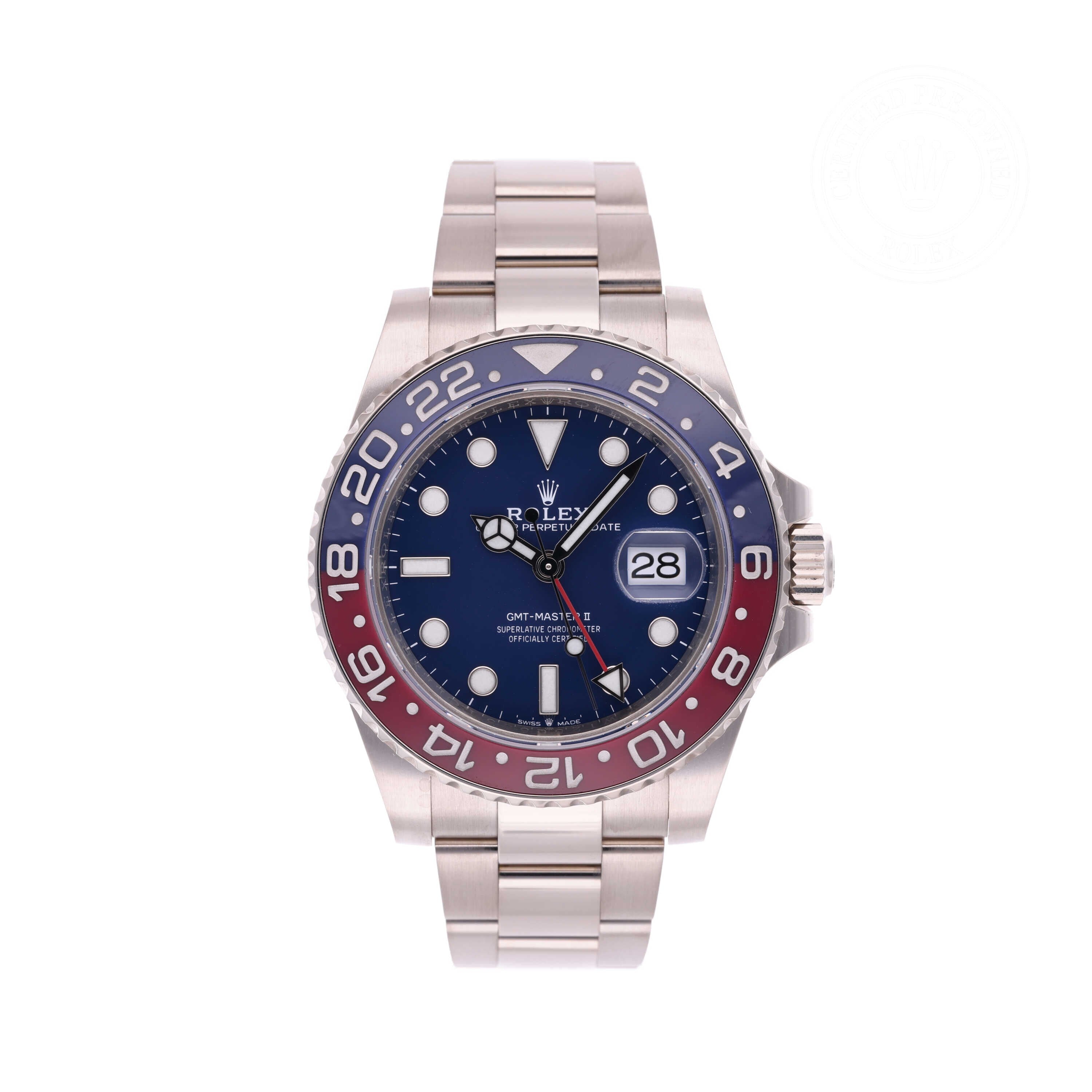 Rolex Certified Pre-owned GMT M126719BLRO-0003 front on white background