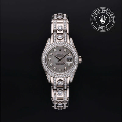 Rolex CPO Pearlmaster M80359 front on white background