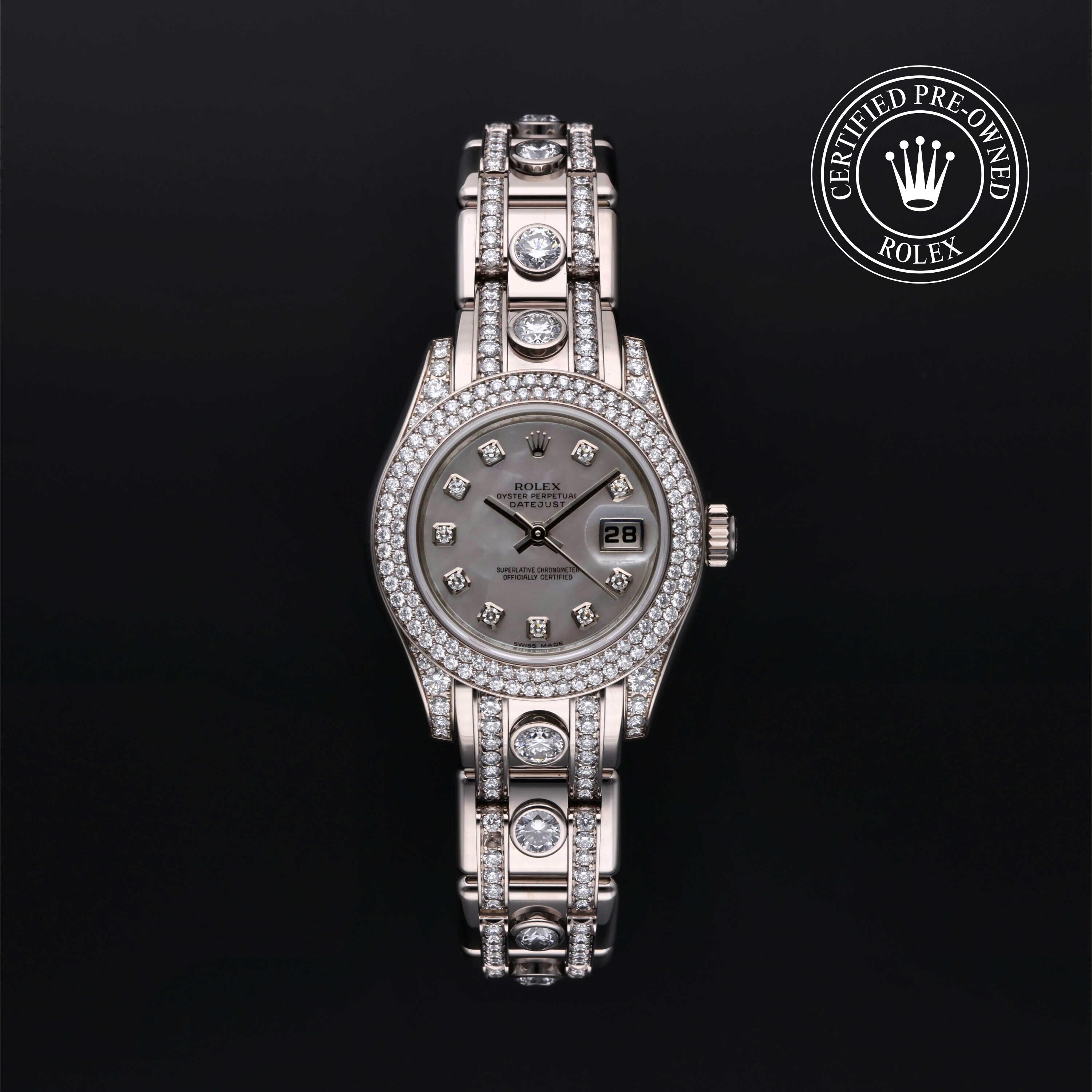 Rolex CPO Pearlmaster M80359 front on white background