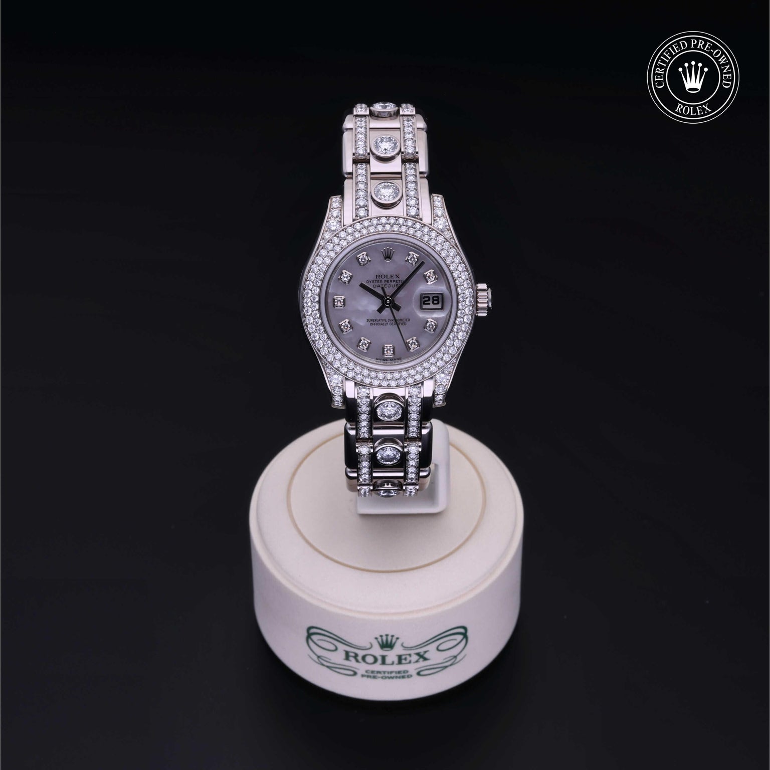 Rolex CPO Pearlmaster M80359 front on white background