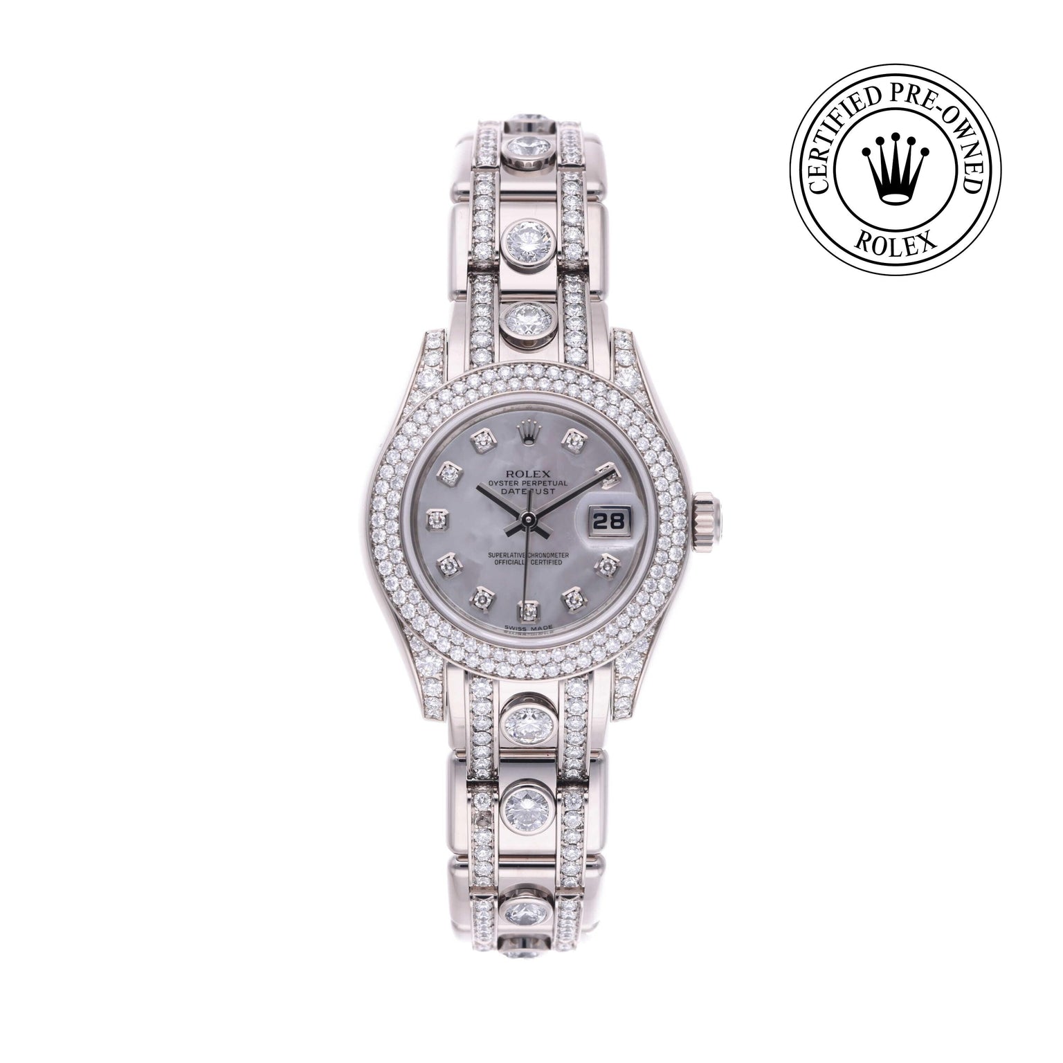 Rolex CPO Pearlmaster M80359 front on white background