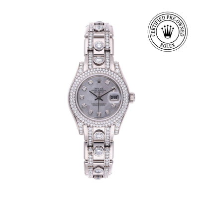 Rolex CPO Pearlmaster M80359 front on white background