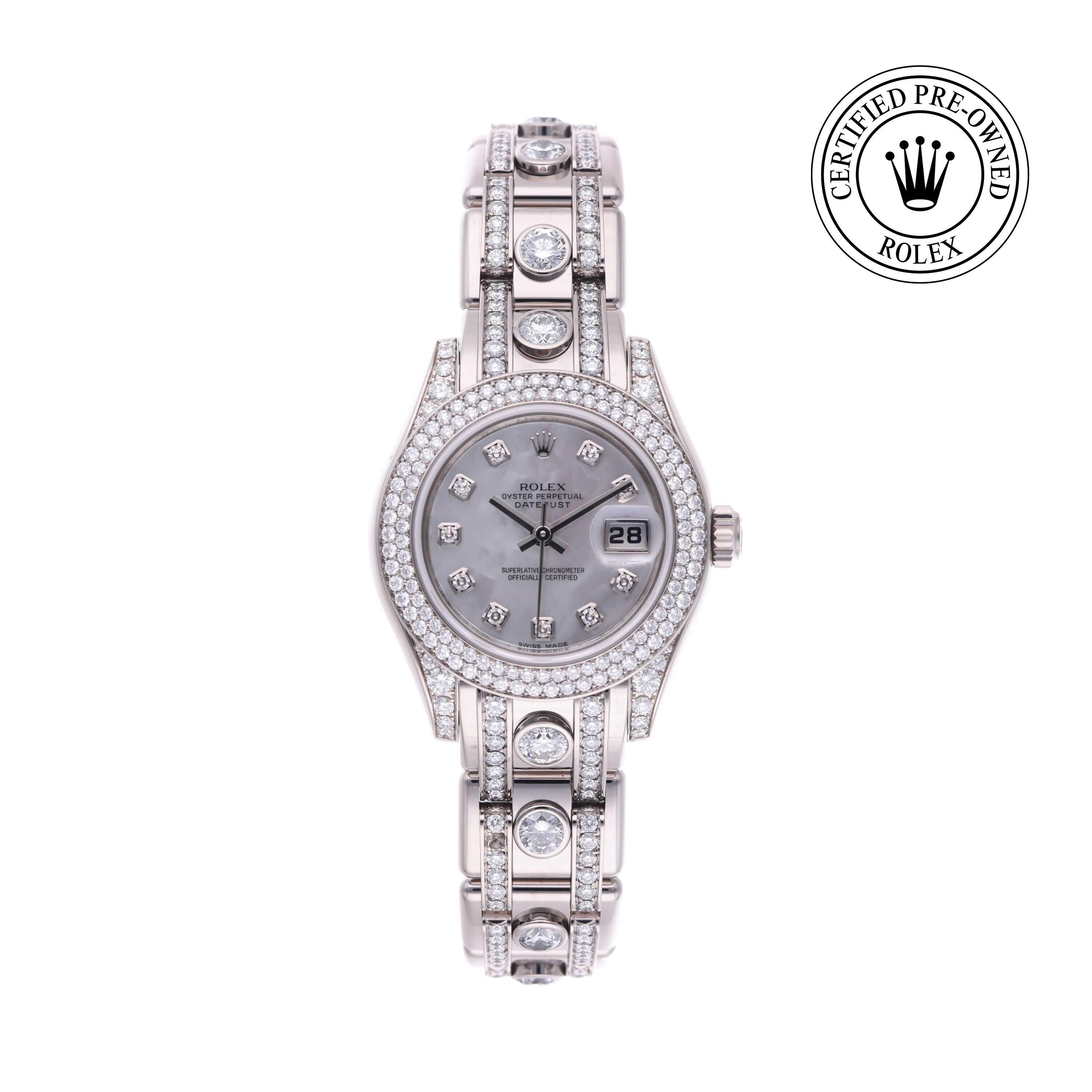 Rolex CPO Pearlmaster M80359 front on white background