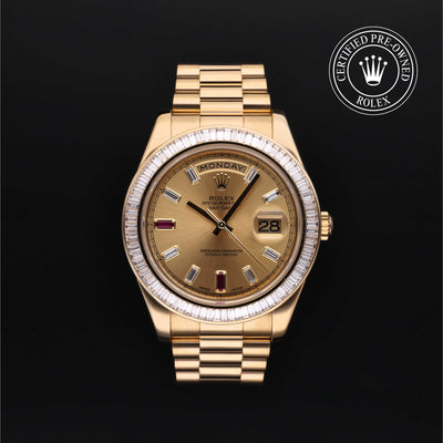 Rolex Certified Pre-owned Day-date M218398BR-0015 front on black background