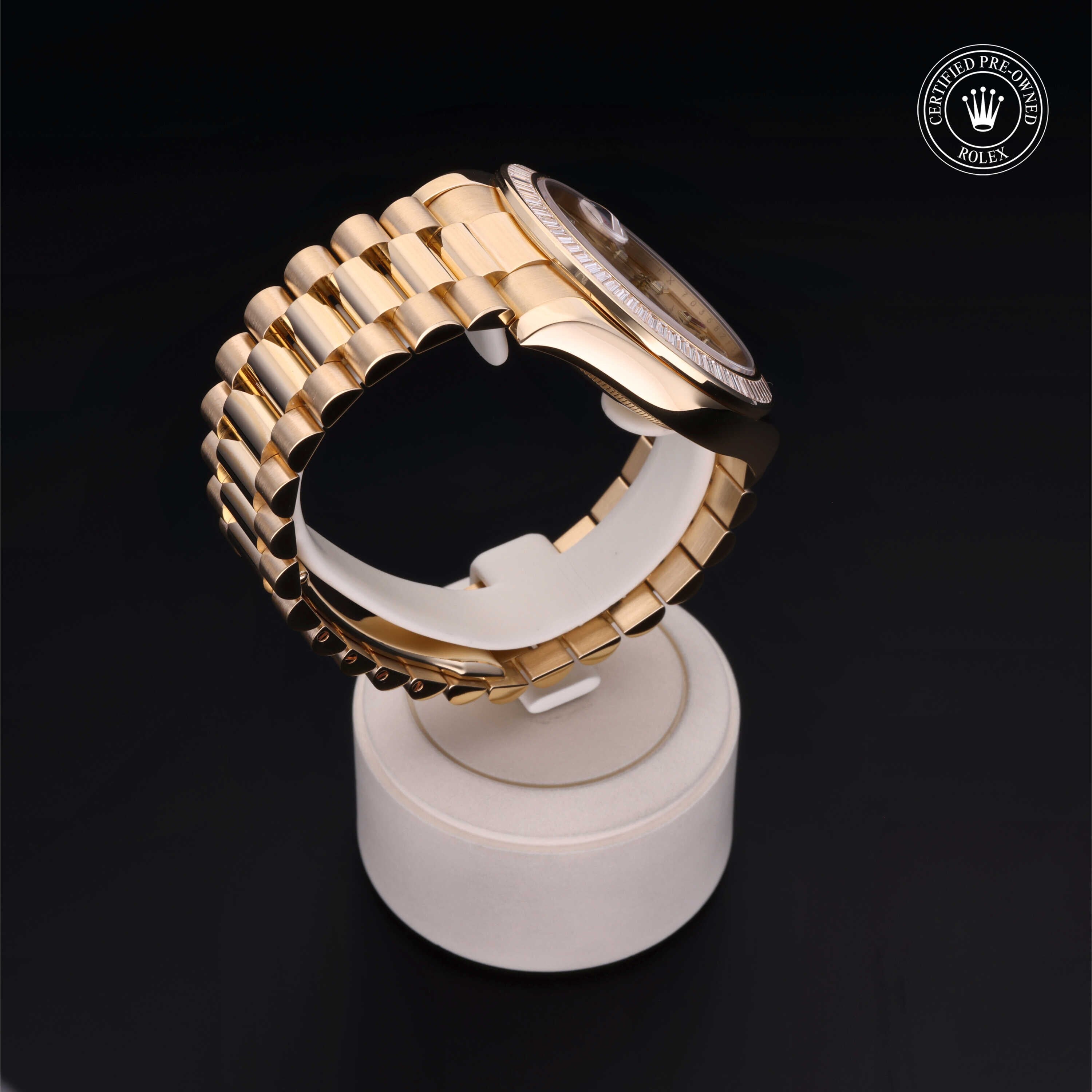 Rolex Certified Pre-owned Day-date M218398BR-0015 front on black background